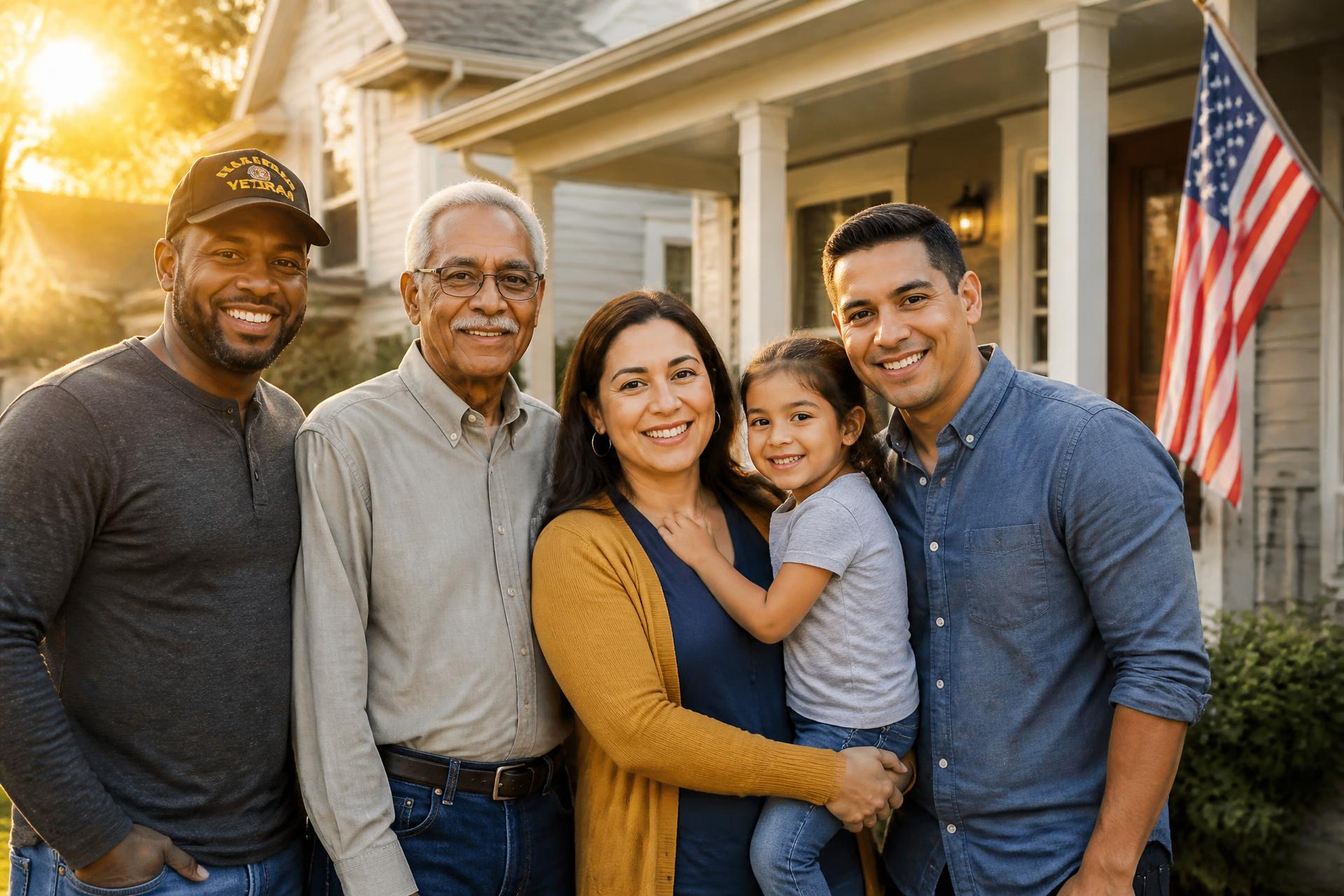 Veterans, a senior, and a young family gathered together in front of a welcoming home with an American flag